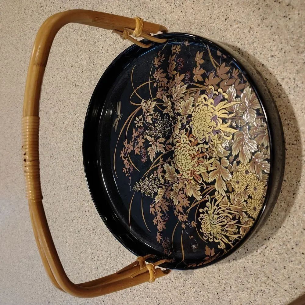 Japanese Floral Black and Gold Decorative Tray Dragonfly & Bamboo Handle 9" DR